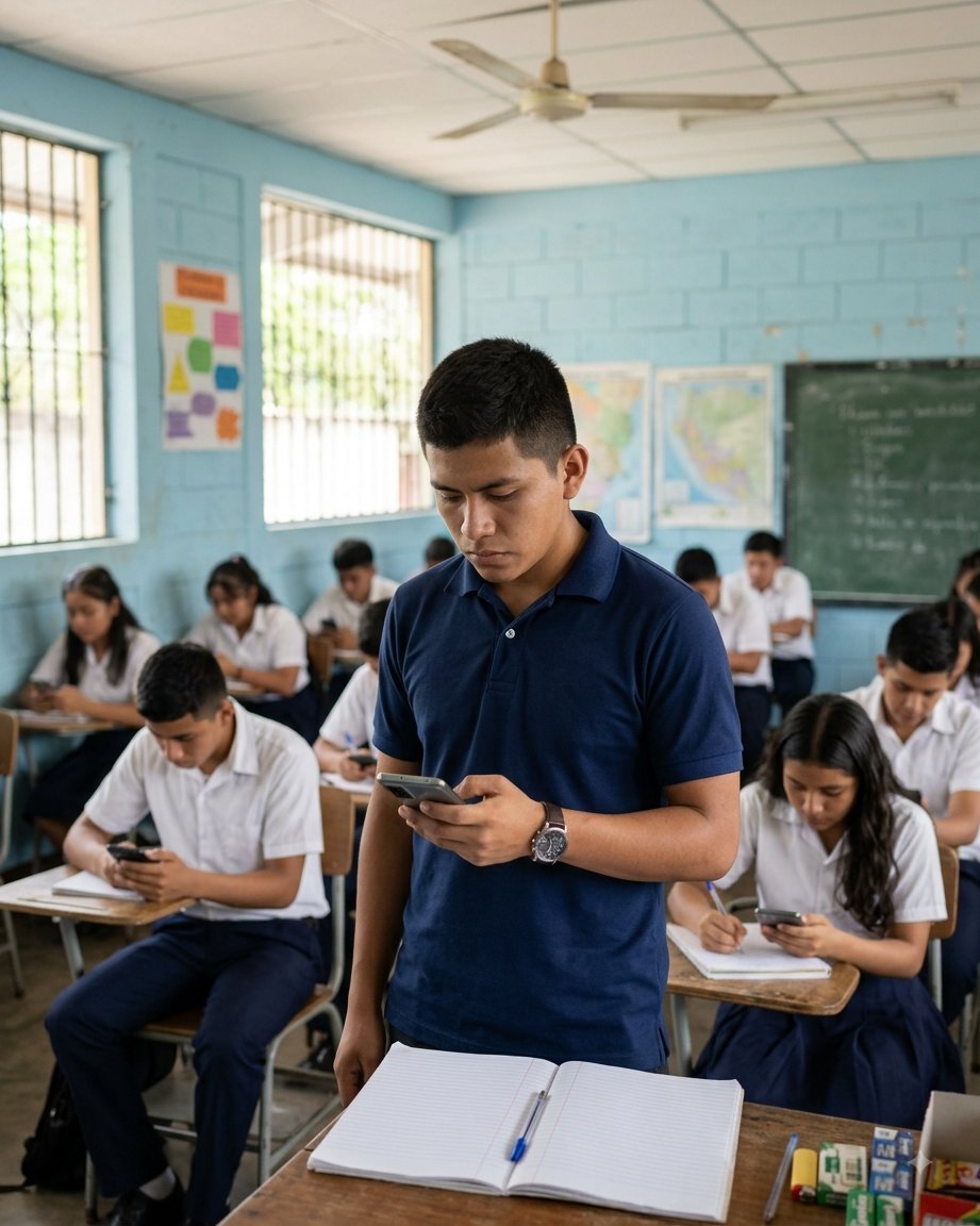 Docente frente a su grupo mientras los estudiantes trabajan con sus teléfonos